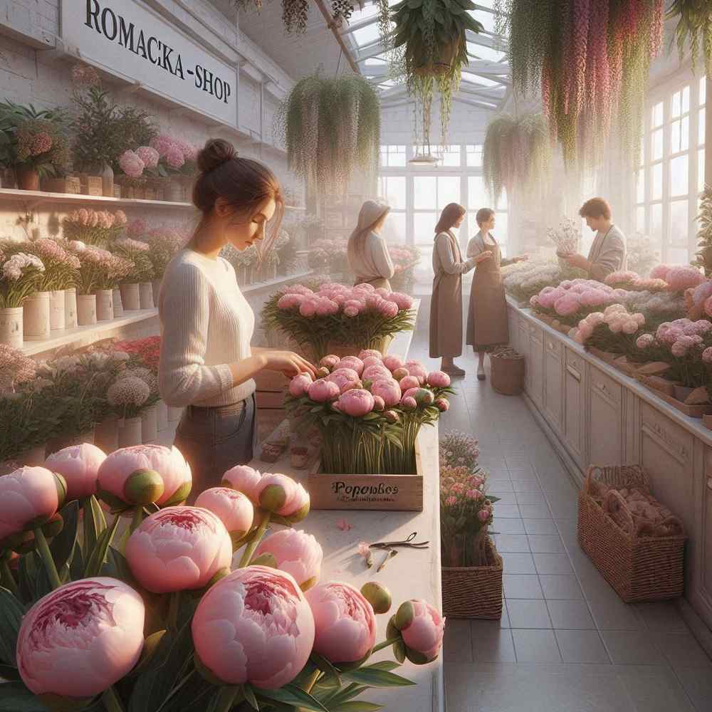 Девушка выбирает пионы в магазине "Romashka-Shop"