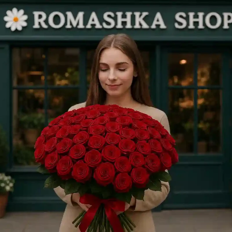 Девушка держит букет из 100 красных роз