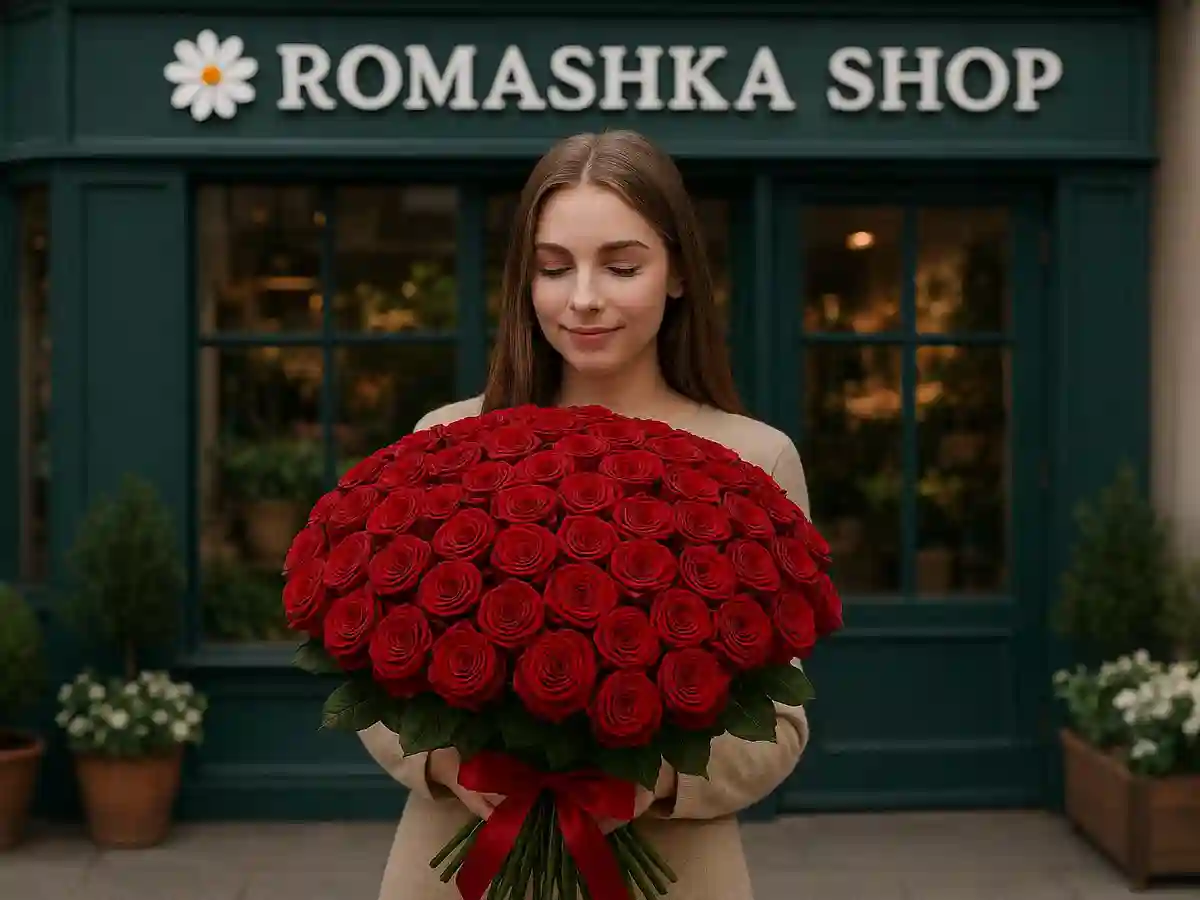 Девушка держит букет из 100 красных роз